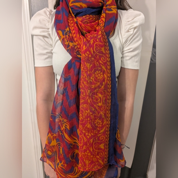 unbranded Accessories - Sheer Large Royal Blue, Red and Orangy Gold Shawl, Scarf or‎ Wrap